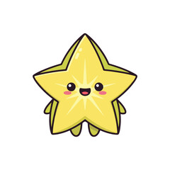 Fototapeta premium Cute Kawaii Starfruit Character Illustration, Smiling Anthropomorphic Carambola Slice Mascot with Small Limbs and Rosy Cheeks, Cartoon Tropical Fruit Vector Isolated on White Background
