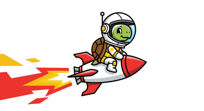 A whimsical green cartoon turtle wearing a detailed white astronaut helmet and suit rides a vibrant red and white rocket through a clean white space.