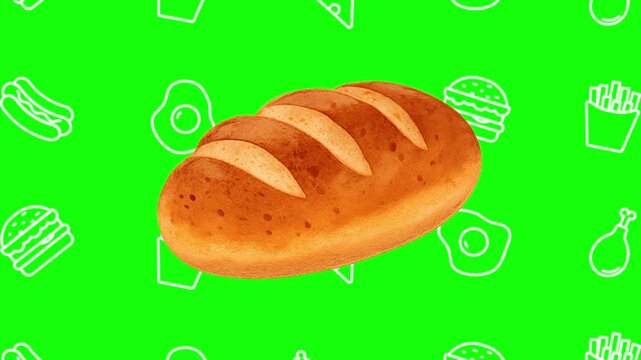 Sourdough bread animated cartoon vector with foodie icon background on green screen. loaf idea, artisan, bakery symbol. Popup animation template design element