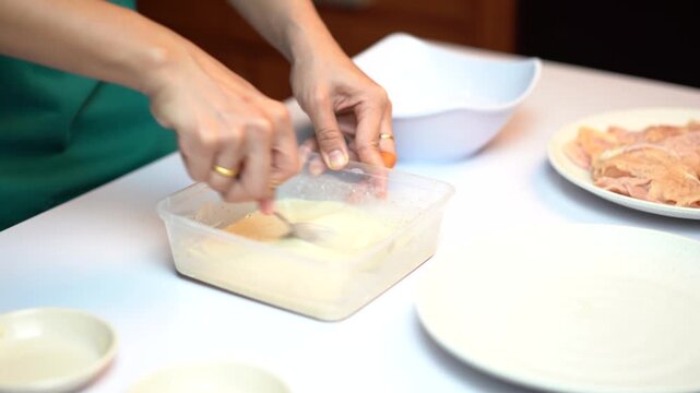 Woman Hands Stirring Creamy Chicken Marinade Sauce in Plastic Container