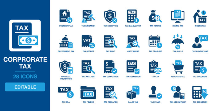 Corporate Tax solid vector glyph icon set featuring income tax, tax audit, financial protection, tax compliance, tax submission, and property tax symbols.