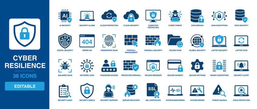 Cyber Resilience solid vector glyph icon set including data security, digital security, firewall management, malware scan, and system monitoring symbols.