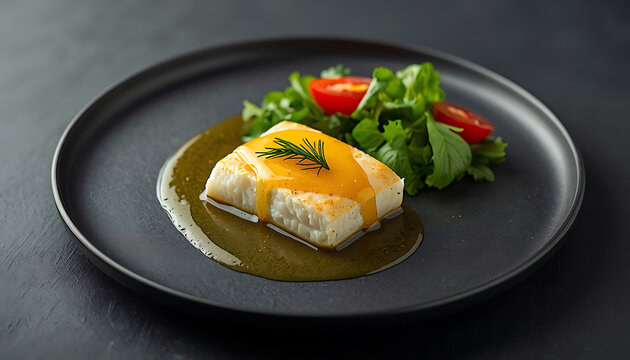 Elegant plated cod fish with yellow sauce and fresh green salad on dark ceramic plate