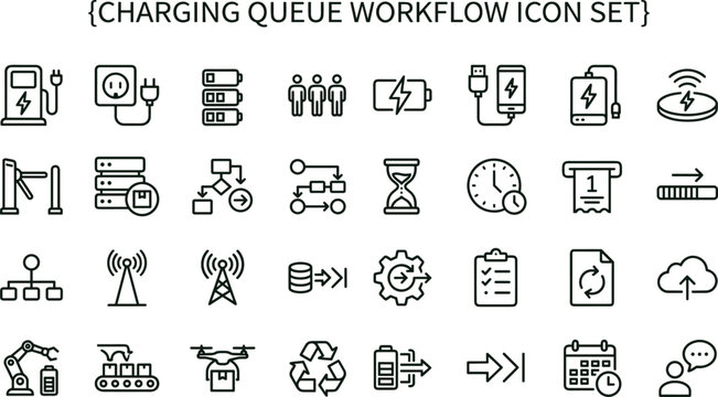 Charging queue workflow outline icon set featuring station scheduling waiting management symbols for electric vehicle apps websites dashboards presentations interface design