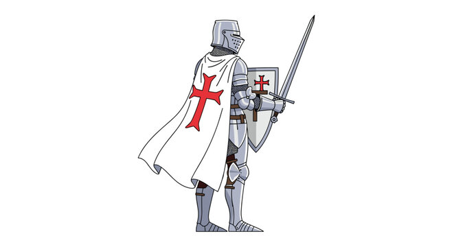 A brave medieval crusader in shining silver plate armor holds a sharp longsword aloft while wearing a flowing white cape decorated with a red cross on white.