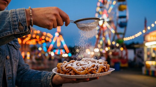 Sprinkling powdered sugar on funnel cake at a summer carnival during twilight