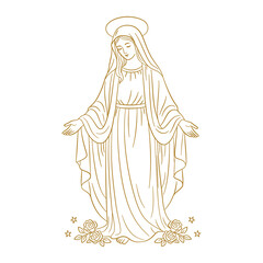 Matka Boska Niepokalana. Wizerunek Maryi z ramionami wyciągniętymi w geście błogosławieństwa, u stóp której spoczywają róże i złote gwiazdy. © Monika