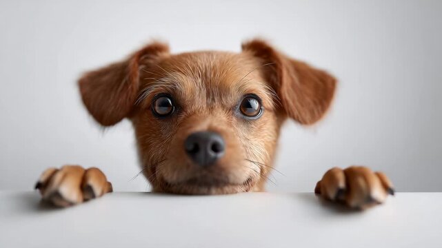 Adorable curious puppy peeking with its paws on a white surface, isolated on a white background. The small brown dog with big eyes is looking directly at the camera with a funny and cute expression