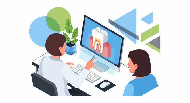 Isometric Illustration of a Female Dentist Explaining Tooth Anatomy to a Patient on a Computer Monitor