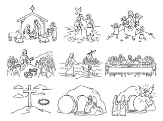 Obraz premium Jesus Christ illustrating gospel scenes, ministry, miracles, crucifixion, and resurrection