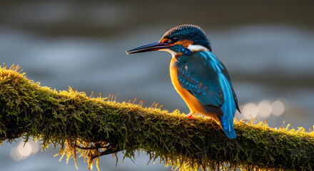 Common Kingfisher bird sitting on a mossy branch over water in warm sunlight