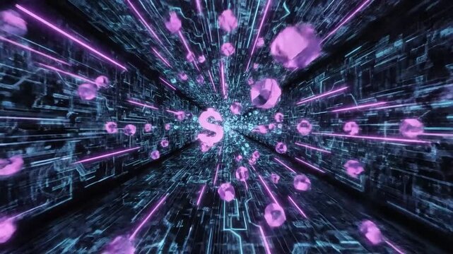 Abstract digital tunnel with glowing currency symbols and circuit board patterns