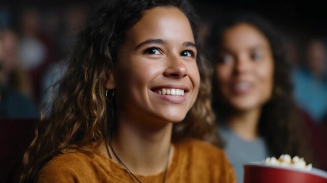 Portrait of a beautiful young woman with curly hair smiling and laughing while watching a comedy film in a movie theater with friends, genuinely enjoying the entertainment and the storyline