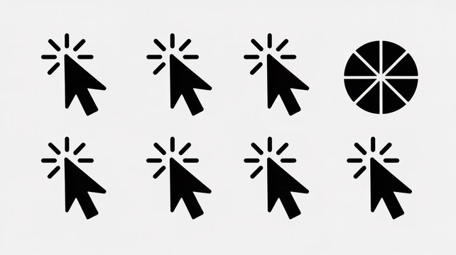 A minimalist icon set of eight black mouse cursor designs arranged in a 2x4 grid against a light gray background.