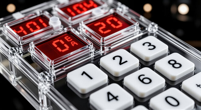 Close-up of Transparent Calculator with Red Digital Displays and White Number Buttons