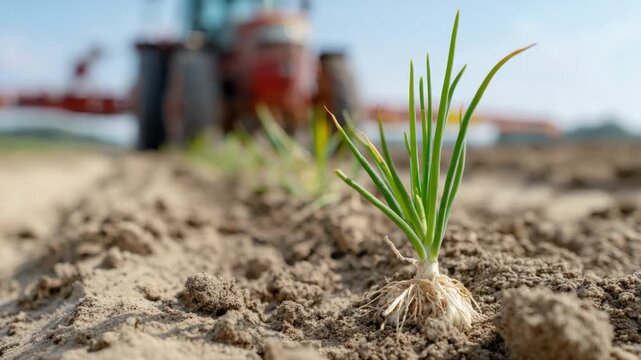 Closeup of young seedlings with a tractor in the background moving through a field