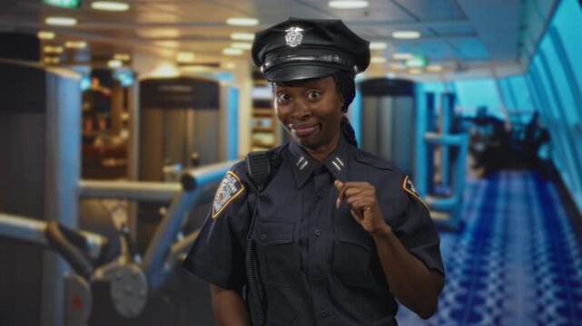 Young african american police officer in uniform points finger to badge and holds radio mic in an airport terminal with seating and a tiled walkway; duty alertness.