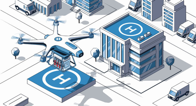 Isometric Illustration of a Medical Drone Delivering Blood Samples to a Modern Hospital in a Smart City