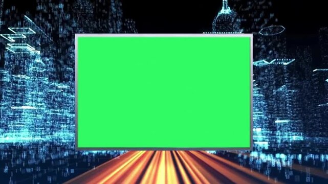 Digital City with Motion Light Trails and Two Blank Green Screens for Video and Image Insertion