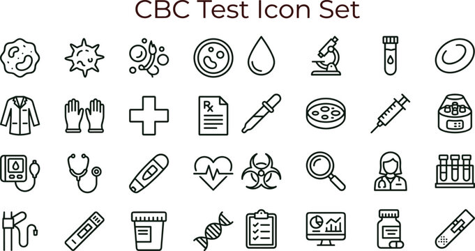 CBC test outline icon set with complete blood count laboratory diagnostics hematology sample analysis healthcare symbols for medical apps dashboards interfaces