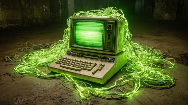 Retro computer terminal glows with bright green light while surrounded by tangled wires.