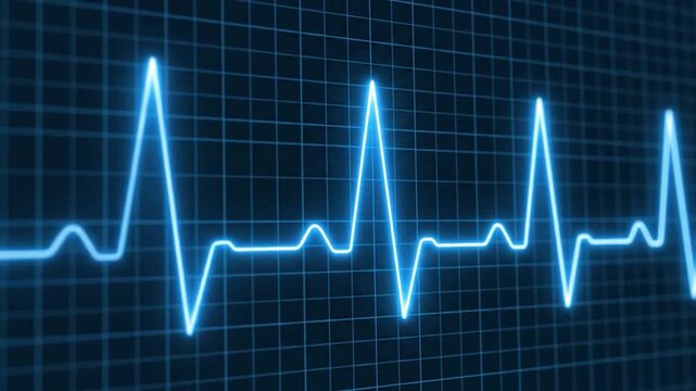 A bright blue electrocardiogram waveform displays on a dark grid background, representing a healthy heartbeat