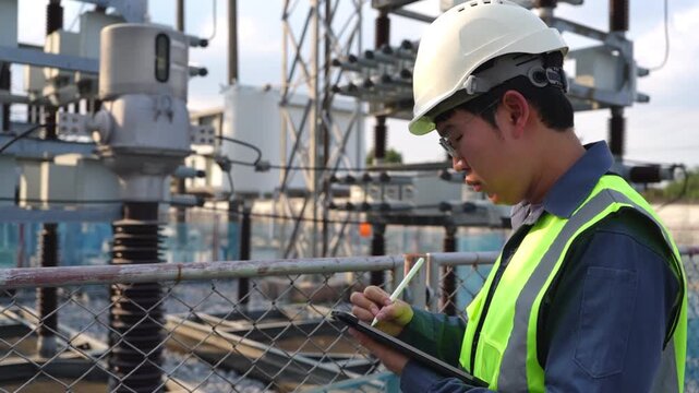 Power plant engineer in hard hat safety vest inspection with clipboard at electrical substation, technician checking equipment during maintenance