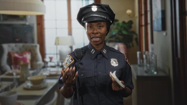 African american woman police officer in uniform holding notepad and pen, gesturing with hands while speaking inside building; authority service.