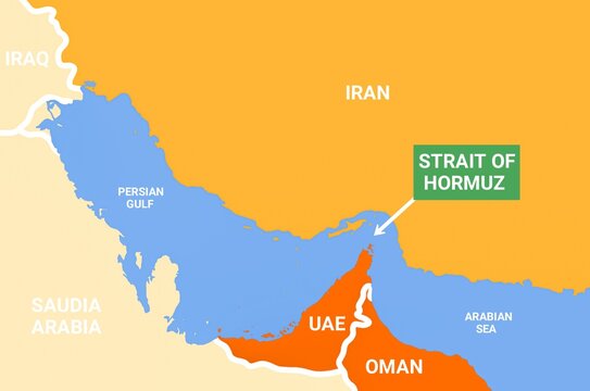 Strait of Hormuz map with gulf countries. Oil crisis in world due to closed of Strait of Hormuz by Iran. Arabian sea nad persian gulf. Energy crisis due to war.