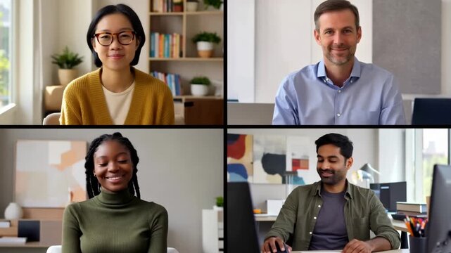 Multicultural team members join virtual meeting from home office and coworking space casual attire engaging and collaborative environment
