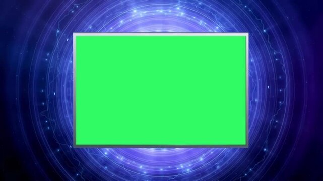 Green screen over concentric blue light circles with glowing particles