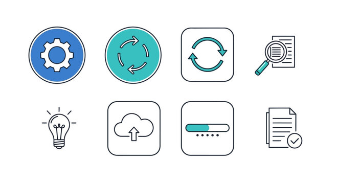 Digital Workflow and Business Process Icons Set: Settings, Sync, Cloud, Idea, Progress
