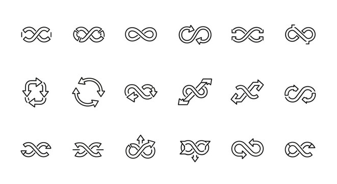 Distressed infinity symbols and loop icons set, endless cycle graphic elements