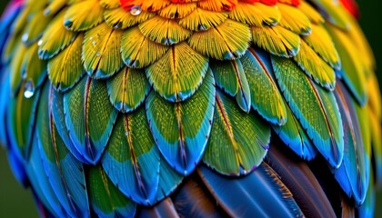 Obraz premium The image features a close up view of a bird's plumage, showcasing an intricate and vibrant arrangement of feathers