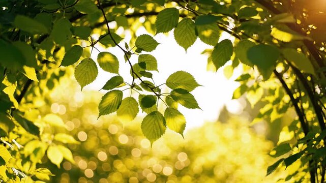 Green leaves in golden sunlight with beautiful bokeh background