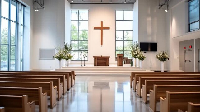 A serene and bright church interior with a cross centerpiece and wooden pews