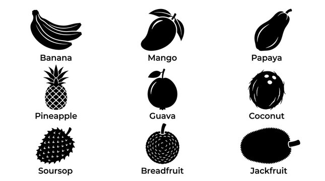 Tropical Fruit Icons Black Silhouettes.