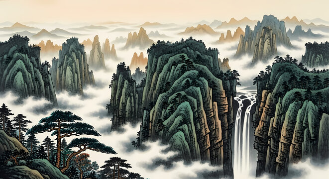 A traditional Chinese ink wash painting depicts majestic mountains rising above a sea of mist and clouds.