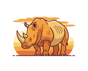 Fototapeta premium Stylized rhinoceros illustration with a sunset savanna background.