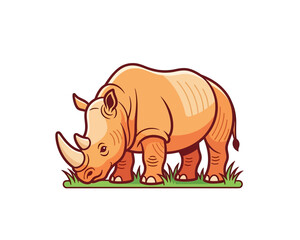 Fototapeta premium A cartoon illustration of a rhinoceros grazing on green grass in a field.