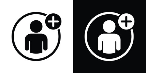 Fototapeta premium Profile silhouette icon with a plus sign in a circle. Professional vector graphic for adding friends, creating a new account, user registration, and social networking actions.