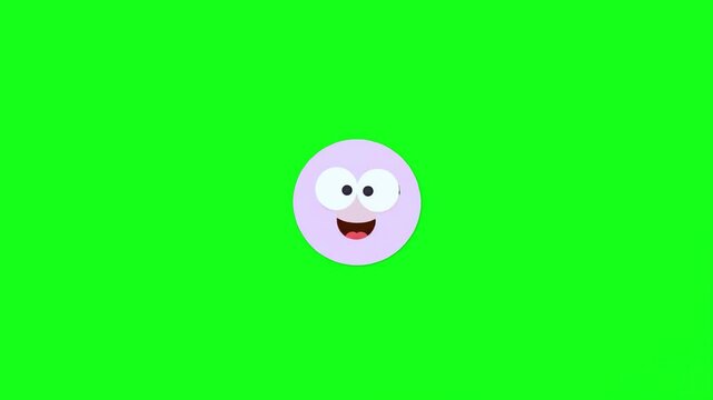 A simple 2D flat design animated round purple character with big expressive eyes bouncing up and down. The happy emoji ball loop is set against a chroma key green screen background.