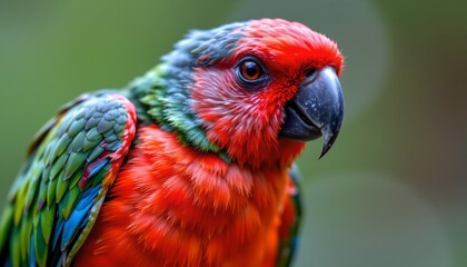 Naklejka premium The image features a colorful parrot with vibrant red, green, blue, and yellow feathers, displaying a striking mix of hues