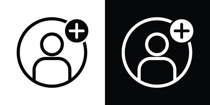 Profile silhouette icon with a plus sign in a circle. Professional vector graphic for adding friends, creating a new account, user registration, and social networking actions.