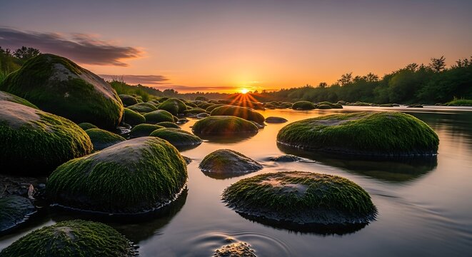 Serene River Rocks at Sunset Landscape.