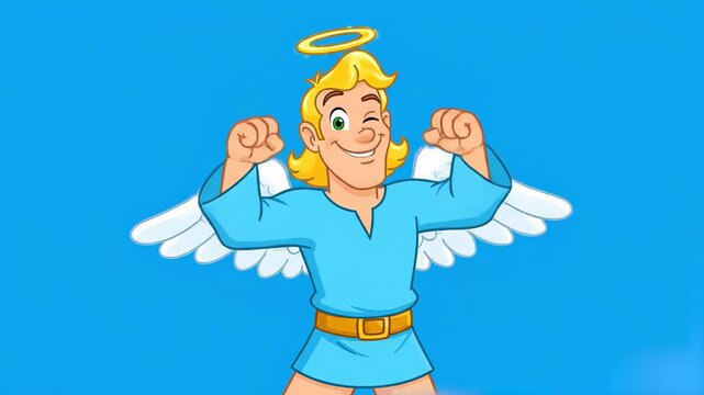 A blonde male angel character with wings and a halo winking and showing his biceps on a blue background. This 2D vector animation is suitable for concept art regarding strength, protection, or humorou