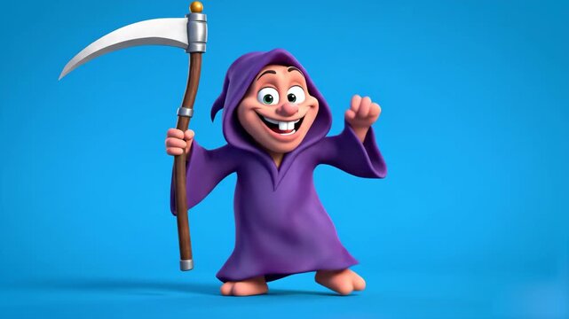 A goofy 3D animated grim reaper character in a purple robe, holding a scythe, performs a silly dance against a solid blue backdrop. This humorous animation is perfect for Halloween-themed content, com