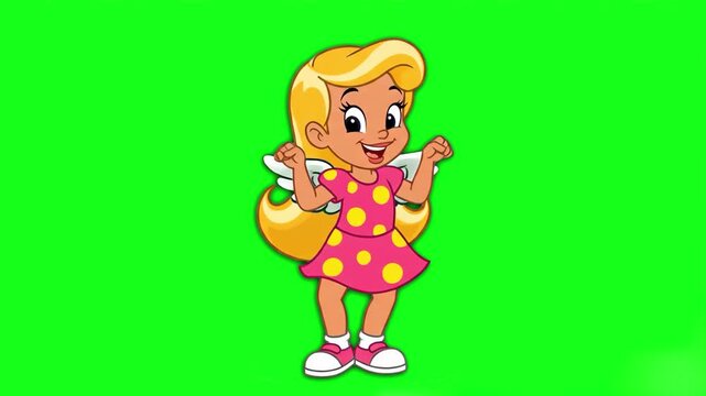 A cheerful 2D animated angel girl with blonde hair and wings, wearing a pink dress, dances happily on a solid green chroma key background. This cute and positive animation is ideal for children's ente