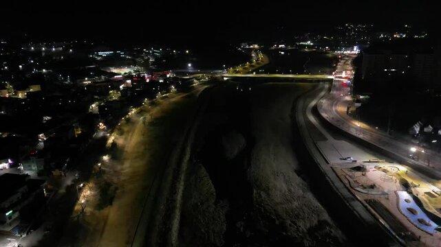 Beautiful night view of Seocheon-gyo Bridge with colorful lights, Yeongju, South Korea