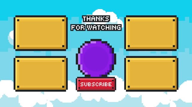 Pixel style end card with multiple panels and centered circle subscribe area vibrant retro game theme Prores 4K 60fps